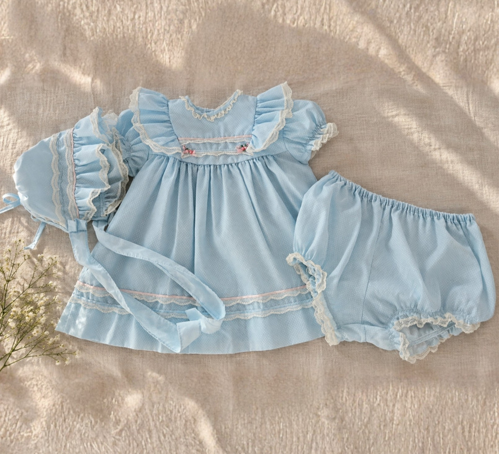 Vintage 1980s Bryan Dress Bonnet & Bloomers Set Blue Polka Dot Lace | Baby 24M